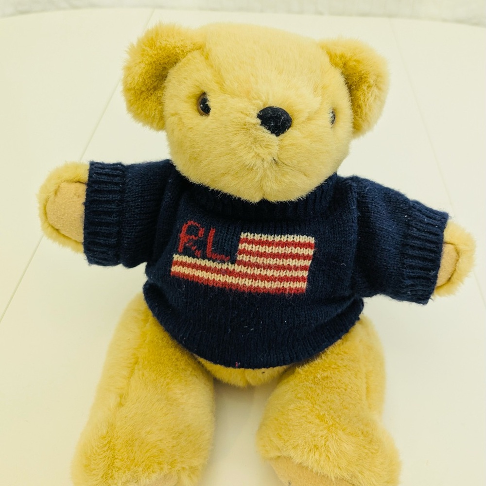 VTG 1996 Ralph Lauren Gold Teddy Bear with Dark Blue Wool RL Sweater Jointed